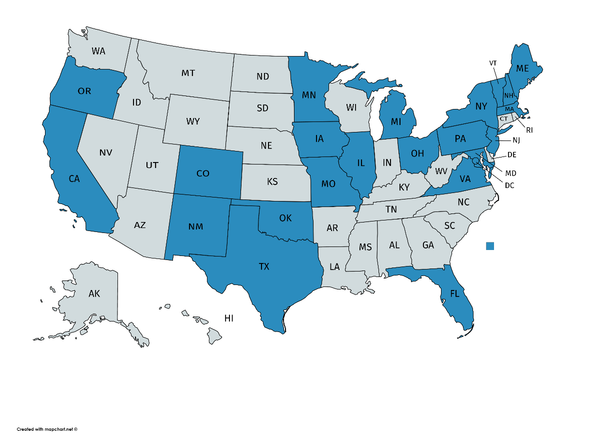 Map of states to which Atwater ships wine.